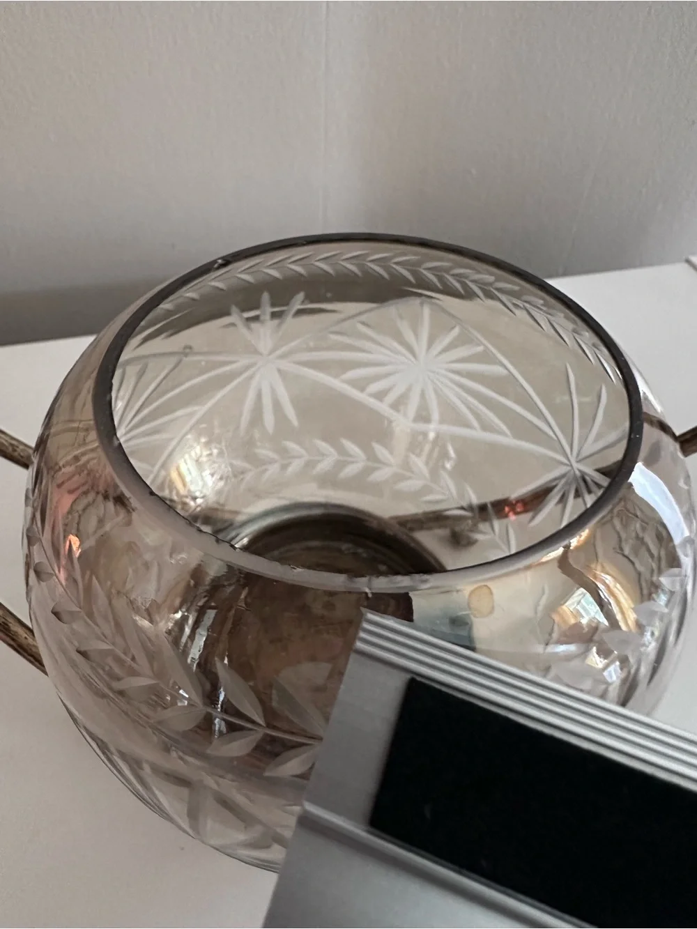 Etched Glass Globe With Distressed Brass Hoop Frame - Candle Holder or Planter